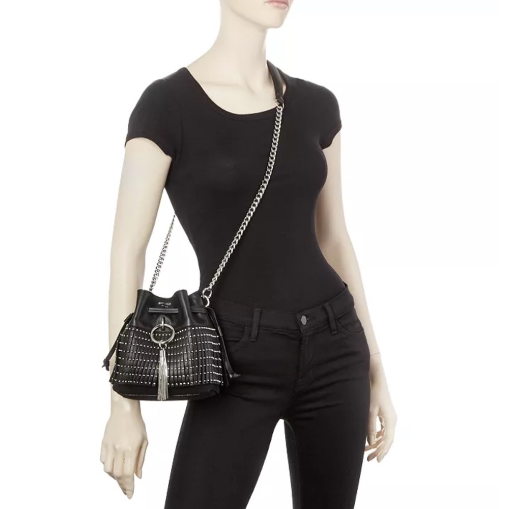 JIMMY CHOO Callie Studded Leather Bucket Bag Black & Silver